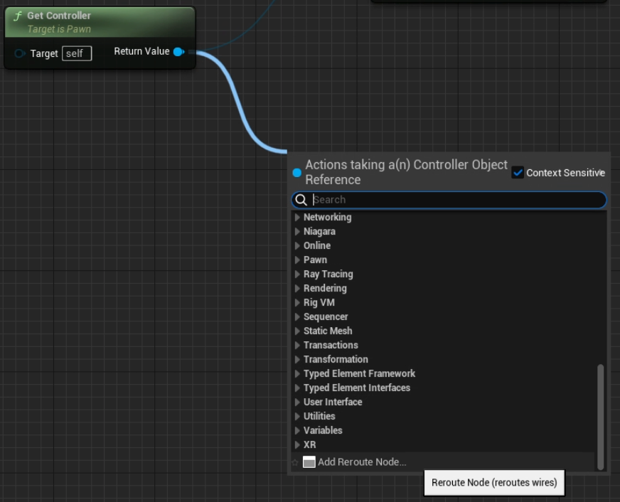 Selecting a reroute node from the action context menu