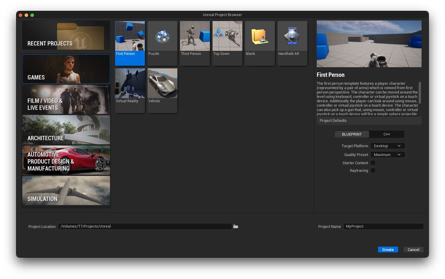 The Unreal Project Browser (Unreal Engine 5.2)