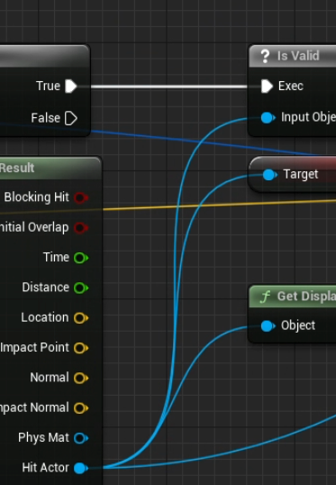 An image of a group of blueprint nodes before adding a reroute node